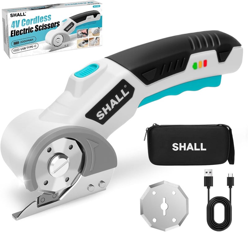 SHALL 4V Cordless Electric Scissors, Rechargeable Cardboard Cutter Rotary Electric Box Cutter w/Safety Lock, LED Light & Replacement Blade for Fabric, Leather, Carpet, Cardboard & Plastic, White/Blue - Image 1